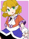  1girl black_skirt blonde_hair breasts brown_shirt green_eyes hair_between_eyes ini_(inunabe00) mizuhashi_parsee open_mouth pleated_skirt pointy_ears shirt short_hair short_sleeves skirt solo touhou upper_body 