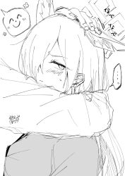  ... 1boy 1girl animal_ear_fluff animal_ears artist_name averting_eyes blush breasts choco_solve_all commentary_request dog_ears dog_girl doodle_sensei_(blue_archive) from_side greyscale hair_over_one_eye halo hand_on_another's_head headpat highres hug kanna_(blue_archive) large_breasts long_hair monochrome notched_ear out_of_frame sensei_(blue_archive) shirt sideways_glance signature sketch solo_focus spoken_ellipsis spoken_expression upper_body 