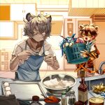  1boy 1girl :d absurdres animal_ears apron arknights bangs batter bear_ears blue_apron bottle capelet fang faucet furry grey_eyes grey_hair hair_between_eyes highres indoors jaye_(arknights) open_mouth orange_hair shirt short_hair short_sleeves sink smile standing sunglasses tansaninryousui tiger_ears tray upper_body waai_fu_(arknights) white_capelet white_shirt yellow_eyes 