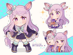  2girls animal_ears aqua_bow aqua_socks birthday_cake black_boots black_jacket black_skirt blunt_bangs blush boots bow bowtie brown_hat cake closed_eyes closed_mouth coat ear_bow ear_ribbon ear_wiggle food frilled_coat frilled_jacket frills gold_ship_(umamusume) grey_hair hat highres holding holding_plate horse_ears horse_girl horse_tail jacket kinu_(kinuhoshizora21) long_hair long_sleeves mejiro_mcqueen_(frontline_elegance)_(umamusume) mejiro_mcqueen_(umamusume) multiple_girls open_mouth pillbox_hat plate pleated_skirt purple_hair purple_sailor_collar purple_shirt sailor_collar sailor_shirt school_uniform shirt skirt smile socks tail tracen_school_uniform umamusume violet_eyes white_bow white_bowtie 