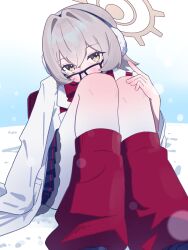  1girl backpack bag black-framed_eyewear black_shoes black_skirt blue_archive blush bow bowtie brown_hair brown_halo commentary_request earmuffs glasses hair_between_eyes halo head_tilt highres lab_coat leg_warmers neko_chili oversized_clothes pantyhose pleated_skirt rana_(blue_archive) randoseru red_bag red_bow red_bowtie red_leg_warmers shoes short_hair sitting skirt sleeves_past_fingers sleeves_past_wrists solo white_pantyhose yellow_eyes 