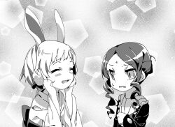  2girls animal_ears boro_(tn-boro) closed_eyes commentary_request gekokujou_hana japanese_clothes kimono magical_girl mahou_shoujo_ikusei_keikaku mahou_shoujo_ikusei_keikaku_limited mana_(mahoiku) monochrome multiple_girls obi rabbit_ears rabbit_girl sash short_hair smile sweat twintails white_kimono 