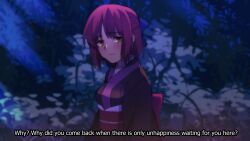  1girl black_kimono blue_bow bow closed_mouth english_text hair_bow highres japanese_clothes kimono kohaku_(tsukihime) light_blush looking_at_viewer moonlight nature night obi obidome obijime outdoors red_hair sad sash short_hair solo tsukihime upper_body yakksan yellow_eyes 