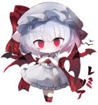  1girl alternate_eye_color animal ascot back_bow bangs bat_(animal) bat_wings black_socks blush bow chibi closed_mouth collared_dress commentary_request dress flying full_body grey_dress grey_hair grey_headwear hair_between_eyes hands_up hat hat_ribbon kotatu_(akaki01aoki00) looking_at_viewer mob_cap own_hands_together pink_eyes puffy_short_sleeves puffy_sleeves red_ascot red_bow red_footwear red_ribbon remilia_scarlet ribbon shoes short_hair short_sleeves simple_background smile socks solo standing touhou white_background wings 