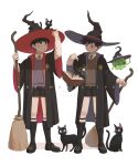  2boys absurdres animal animal_on_head bangs black_cat black_coat black_footwear black_hair black_headwear black_shorts black_socks blue_necktie blunt_bangs book bow bowl_cut broom brothers cat cat_on_head coat collared_shirt copyright_name creature ekubo_(mob_psycho_100) floating floating_book floating_object full_body hands_up hat hat_bow highres holding holding_broom kageyama_ritsu kageyama_shigeo kneehighs legs_apart legwear_garter levitation loafers long_sleeves looking_away looking_down looking_to_the_side looking_up luye_yuan magic male_focus mob_psycho_100 multiple_boys necktie on_head outstretched_arm red_necktie shirt shoes short_hair shorts siblings simple_background socks standing star_(symbol) sweater wide_sleeves witch_hat 