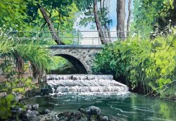  blue_sky bridge commentary day england english_commentary gouache_(medium) highres kate_avery no_humans original outdoors painting_(medium) river scenery sky traditional_media tree 