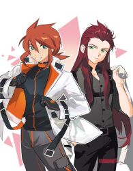  2boys absurdres asch_(tales) black_gloves black_pants black_shirt chest_harness closed_mouth commentary_request cowboy_shot gloves green_eyes grey_pants grey_shirt grin hair_between_eyes hand_in_pocket harness highres jacket jacket_over_shoulder long_hair luke_fon_fabre male_focus multiple_boys nenn73794840 official_alternate_costume open_clothes open_jacket pants red_hair shirt short_hair smile tales_of_(series) tales_of_the_abyss unworn_jacket white_jacket 