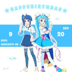  2girls 2v_iil3 ankle_boots artist_name birthday blue_boots blue_cape blue_dress blue_eyes blue_hair blue_shirt blue_skirt blue_thighhighs boots bow brooch cape casual character_name clenched_hand closed_mouth commentary cure_sky cut_bangs dated detached_sleeves dress dress_bow dual_persona earrings fingerless_gloves frilled_dress frills fringe_trim from_side gloves gradient_hair hair_bow hair_ornament hand_on_own_hip happy_birthday highres hirogaru_sky!_precure jewelry long_hair long_sleeves looking_at_viewer magical_girl medium_hair miniskirt multicolored_hair multiple_girls open_mouth outline pink_bow pink_hair pleated_skirt precure puffy_detached_sleeves puffy_sleeves red_cape shirt shoes short_dress side_ponytail signature single_sidelock skirt sleeveless sleeveless_dress smile sneakers sora_harewataru standing star_(symbol) streaked_hair t-shirt thigh-highs twintails two-sided_cape two-sided_fabric two-tone_dress two-tone_hair two-tone_shirt very_long_hair white_dress white_gloves white_outline white_shirt white_thighhighs wing_brooch wing_hair_ornament yellow_bow yellow_shoes 