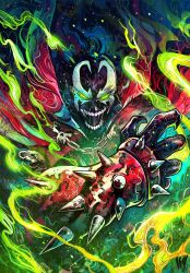  1boy 2025 abstract_background black_bodysuit bodysuit cape collared_cape colorized commentary demon english_commentary fire gauntlets glowing glowing_eyes green_eyes green_fire highres male_focus mask nib_pen_(medium) pen_(medium) red_cape saliva saliva_trail sharp_teeth solo spawn_(comic) spawn_(spawn) spiked_gauntlets superhero_costume teeth traditional_media vinartwork white_bodysuit 