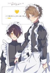 2boys apron aqua_eyes blonde_hair blush brown_hair buttons commentary_request ensemble_stars! fingernails hair_over_one_eye heart highres long_sleeves looking_at_viewer maid maid_headdress male_focus multicolored_hair multiple_boys nervous_sweating one_eye_covered open_mouth orange_eyes sengoku_shinobu short_hair simple_background streaked_hair sweat takamine_midori tenp_(ugokuten_1105) translation_request two-tone_hair white_apron white_background 