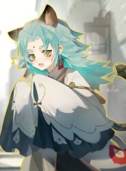  1boy ^^^ alchemy_stars animal_ears aqua_hair blurry blurry_background brown_eyes cat_ears cat_tail chinese_clothes chinese_commentary coat commentary_request curtained_hair earrings eyeliner facial_mark fang forehead_mark highres jewelry liqing_(alchemy_stars) long_hair looking_at_viewer lvie_lvyi makeup red_eyeliner short_eyebrows signature skin_fang sleeves_past_fingers sleeves_past_wrists small_sweatdrop solo surprised tail talisman white_coat 