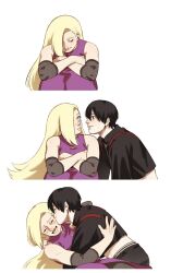  1boy 1girl bare_shoulders black_eyes black_hair black_jacket black_pants blonde_hair blunt_bangs blush closed_eyes couple crop_top cuddling elbow_sleeve fishnet_sleeves fishnets hair_over_one_eye highres hug imminent_kiss jacket kiss kissing_cheek light_smile lips lipstick long_skirt looking_at_another makeup naruto:_the_last naruto_(series) naruto_shippuuden pale_skin pants pink_lips purple_shirt purple_skirt rob_kuma_jpn sai_(naruto) shirt sitting skirt smile smirk teeth white_background yamanaka_ino 