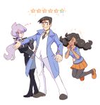  1boy 2girls alternate_color anabel_(pokemon) blush braid collared_shirt commentary emma_(pokemon) english_commentary gloves hair_over_one_eye hair_ribbon looker_(pokemon) looking_at_another multiple_girls necktie notice_lines pokemon pokemon_(game) pokemon_masters_ex pokemon_sm pokemon_xy purple_hair ribbon shirt skirt smile sparkle standing star_(symbol) twin_braids vergolophus white_background 