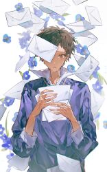 1boy absurdres blue_flower blurry blurry_background blush brown_hair chinese_commentary commentary_request crying crying_with_eyes_open dark-skinned_male dark_skin diwen_man_zhu_mao_gou_fan earrings falling_letter floral_background flower highres holding holding_letter jewelry kikuchi_ryou letter light_particles looking_at_object looking_down male_focus one_eye_covered open_collar orange_eyes parted_lips purple_sweater sad school_uniform sekai_metsubou_kyouyuu_gensou_mamiya shirt short_hair solo standing sweater tears upper_body v-neck very_short_hair white_background white_shirt 
