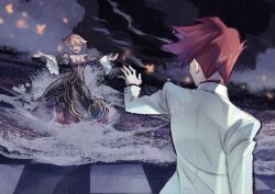  1boy 1girl back beatrice_(umineko) black_choker black_dress blonde_hair blurry braid braided_base braided_bun bug bun_with_braided_base butterfly checkered_floor choker clouds cloudy_sky collared_shirt dark dark_cloud depth_of_field dress facing_away flower frilled_choker frilled_cuffs frilled_sleeves frills from_behind glowing glowing_butterfly gold_trim hair_between_eyes hair_bun hair_flower hair_ornament hellshake_yuli highres jacket layered_dress layered_sleeves long_dress looking_at_another night no_eyes ocean open_mouth outdoors outstretched_arms over_shoulder pinstripe_dress pinstripe_pattern puffy_sleeves reaching reaching_towards_another red_dress red_flower red_hair red_rose red_shirt rose shaded_face shirt short_hair signature sky smile spiky_hair splashing standing standing_on_liquid suit umineko_no_naku_koro_ni ushiromiya_battler water waves wavy_sidelocks white_jacket white_suit wide_sleeves yellow_butterfly 