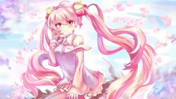  1girl blue_sky blush breasts cherry_hair_ornament closed_mouth clouds collared_shirt commentary_request cowboy_shot day detached_sleeves food-themed_hair_ornament hair_ornament hand_on_own_cheek hand_on_own_face hatsune_miku highres kyuu_(que_9) long_hair looking_at_viewer medium_breasts necktie outdoors petals pink_eyes pink_hair pink_necktie pink_skirt pink_sleeves pleated_skirt purple_thighhighs sakura_miku shirt skirt sky sleeveless sleeveless_shirt smile solo thigh-highs twintails very_long_hair vocaloid white_shirt 