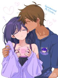  1boy 1girl alternate_costume antenna_hair black_hair blue_shirt blush brown_hair cardigan closed_eyes closed_mouth coffee_mug collarbone commentary_request cup english_text hair_behind_ear hero_(faraway)_(omori) hero_(omori) hetero highres holding holding_cup instagram_username long_hair mari_(faraway)_(omori) mari_(headspace)_(omori) mari_(omori) maromichan mug omori puckered_lips purple_cardigan shirt short_hair smile squeans t-shirt twitter_username white_background 