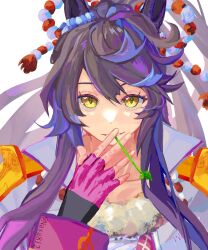 1girl animal_ears bandaid bandaid_on_face bandaid_on_nose black_hair breasts chest_sarashi fingerless_gloves gloves hair_between_eyes highres horse_ears horse_girl jacket long_hair long_sleeves looking_at_viewer mouth_hold narita_brian_(maverick)_(umamusume) narita_brian_(umamusume) nasa812 parted_lips pink_gloves ponytail rope sarashi shimenawa simple_background smile solo stalk_in_mouth umamusume upper_body white_background yellow_eyes 
