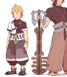  2boys age_difference black_jacket black_shirt black_shoes blackpaopu blonde_hair brown_hair brown_pants checkered_clothes checkered_wristband commentary english_commentary full_body grey_pants grin height_difference highres holding holding_weapon jacket keyblade kingdom_hearts kingdom_hearts_birth_by_sleep looking_at_another looking_to_the_side male_focus medium_hair multicolored_jacket multiple_boys notice_lines pants parted_lips planted planted_sword puffy_pants shadow shirt shoes short_hair short_sleeves shoulder_strap simple_background smile spiky_hair standing surprised sword terra_(kingdom_hearts) tight_clothes tight_shirt tumblr_username ventus_(kingdom_hearts) weapon white_background white_jacket wristband 