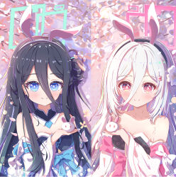  2girls absurdres aris_(blue_archive) artist_name black_hair black_hairband blue_archive blue_eyes blush breasts chinese_clothes clothing_request colorful commentary_request detached_collar double-parted_bangs dress flower gradient_hair hair_between_eyes hair_flower hair_ornament hairband halo highres holding kei_(blue_archive) long_hair long_hair_between_eyes long_sleeves looking_at_viewer loosely_tucked_bangs multicolored_hair multiple_girls nacoko off-shoulder_dress off_shoulder one_side_up pink_eyes pink_halo rabbit rectangular_halo ringed_eyes small_breasts smile solo white_dress white_flower white_hair 