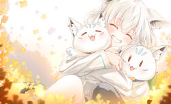  1girl absurdres animal_ear_fluff animal_ear_piercing animal_ears birthday blush braid closed_eyes commentary creature crossed_bangs earrings english_commentary flower fox_ears fox_girl grin hair_between_eyes highres holding holding_creature hololive hood hoodie hug jewelry long_hair non24873754 shirakami_fubuki shirakami_fubuki_(1st_costume) sidelocks single_braid single_thighhigh sitting smile sukonbu_(shirakami_fubuki) thigh-highs virtual_youtuber white_hair white_hoodie yellow_flower 
