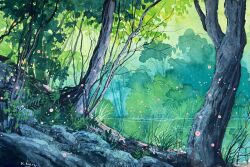  commentary english_commentary fireflies forest gouache_(medium) grass highres kate_avery nature no_humans original painting_(medium) river scenery signature traditional_media tree 
