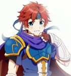  1boy armor bangs blue_eyes blue_headband brown_gloves cape elbow_gloves fingerless_gloves fire_emblem fire_emblem:_the_blazing_blade gauntlets gloves headband highres looking_at_viewer male_focus purple_scarf redhead roy_(fire_emblem) scarf sephikowa short_sleeves simple_background smile solo upper_body white_background 