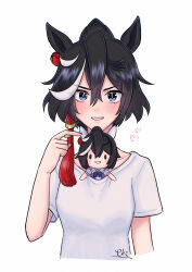  1girl absurdres animal_ears black_hair blue_eyes blush character_doll closed_mouth commentary_request crossed_arms doll ear_covers hair_between_eyes hair_ornament highres horse_ears horse_girl ibitsu_yugami katsuragi_ace_(umamusume) long_hair looking_at_viewer multicolored_hair open_mouth ponytail pout school_uniform shirt short_sleeves smile solo streaked_hair tassel tassel_hair_ornament tracen_school_uniform umamusume white_hair white_shirt 