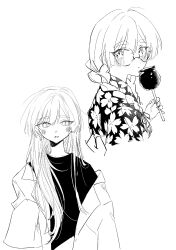  2girls absurdres ahoge alternate_costume bespectacled blush braid candy_apple cherry_blossom_print cho_kaguya-hime! closed_mouth commentary_request cropped_torso dual_persona expressionless fingernails floral_print floral_print_kimono food genkounikki01 glasses greyscale hair_down hair_half_over_shoulder hair_over_shoulder hand_up highres holding holding_candy_apple holding_food jacket japanese_clothes kimono lab_coat lapels long_hair looking_at_viewer looking_back loose_hair_strand monochrome multiple_girls obiage open_clothes open_jacket oversized_clothes oversized_jacket parted_lips print_kimono round_eyewear runami_yachiyo shirt simple_background single_off_shoulder sleeves_past_fingers sleeves_past_wrists straight_hair thick_eyebrows twin_braids white_background yukata 