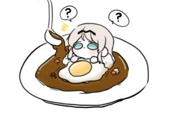  ? an-94_(girls'_frontline) blonde_hair blue_eyes blush chibi chibi_only confused curry deng_(noplan3321) egg food girls_frontline hair_ornament headband ladle long_hair lowres non-web_source plate 