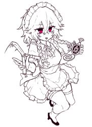  1girl absurdres apron balisong blush bow braid collared_shirt dress greyscale hair_bow high_heels highres holding holding_knife holding_pocket_watch izayoi_sakuya knife long_hair looking_at_viewer maid maid_headdress monochrome neck_ribbon pinafore_dress pocket_watch puffy_short_sleeves puffy_sleeves rampa93 red_eyes ribbon shirt shoes short_sleeves sleeveless sleeveless_dress smile solo spinning spot_color thigh-highs touhou twin_braids waist_apron watch 