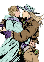  2boys absurdres arms_around_another's_back beanie belt blonde_hair blue_coat blue_eyes blue_hat blue_lips brown_jacket brown_pants coat commentary_request cowboy_hat doracat_99 fingerless_gloves gloves goggles goggles_on_headwear green_eyes green_lips gyro_zeppeli hat highres holding_another's_waist horseshoe_hat_ornament horseshoe_ornament jacket johnny_joestar jojo_no_kimyou_na_bouken korean_commentary long_hair long_sleeves looking_at_another male_focus multiple_boys pants pout purple_gloves purple_shirt shirt short_hair simple_background star_(symbol) steel_ball_(jojo) steel_ball_run white_background 