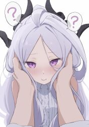  1boy 1girl ? ahoge blue_archive blush breasts commentary_request demon_girl demon_horns halo hands_on_another's_cheeks hands_on_another's_face hetero highres hina_(blue_archive) horns long_hair looking_at_viewer multiple_horns parted_bangs ponono_desu pov pov_hands purple_halo shirt simple_background sleeveless sleeveless_shirt small_breasts solo_focus spoken_question_mark violet_eyes white_background white_hair white_shirt 