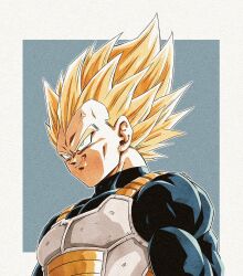  1boy blonde_hair blue_eyes dragon_ball dragon_ball_z highres male_focus muscular muscular_male naouuma_art saiyan saiyan_armor smile solo spiky_hair super_saiyan super_saiyan_1 upper_body vegeta vest 