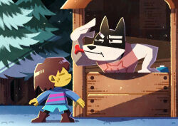  1boy 1other absurdres androgynous animal_ears blue_shorts boots brown_boots brown_hair closed_eyes closed_mouth colored_skin commentary_request dog_boy dog_ears dog_treat doggo_(undertale) frisk_(undertale) furry furry_male highres long_sleeves pink_shirt purple_sweater shirt short_hair shorts snow sweat sweater tree undertale utdr_(toby_fox) watawata22 yellow_skin 