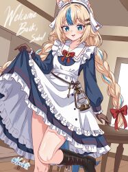 1girl absurdres animal_ear_fluff animal_ears apron black_boots black_gloves blonde_hair blue_dress blue_eyes blue_streaks blush bonnet boots bow braid breasts cat_ears dress fins fish_girl fish_ornament fish_tail frills gloves headscarf highres holding_own_dress indie_virtual_youtuber indoors long_hair long_sleeves looking_at_viewer multicolored_hair open_mouth red_bow sameko_saba sameko_saba_(winter_dress) small_breasts smile solo streaked_hair tail varliet very_long_hair virtual_youtuber white_apron white_bonnet white_headscarf 