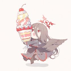  1girl black_gloves black_hair black_serafuku black_shirt black_shoes black_skirt black_thighhighs black_wings blue_archive cherry chibi chibi_only commentary_request feathered_wings food fruit full_body garter_belt gloves hair_between_eyes half_gloves halo hasumi_(blue_archive) highres kisaragi_shokuin long_hair long_hair_between_eyes long_skirt long_sleeves low_wings mole mole_under_eye neckerchief open_mouth oversized_food oversized_object parfait pleated_skirt red_eyes red_halo red_neckerchief sailor_collar school_uniform serafuku shirt shoes side_slit simple_background skirt solo strawberry_parfait thigh-highs v-shaped_eyebrows very_long_hair white_background white_sailor_collar wings 