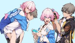  1boy 1girl absurdres adjusting_another's_hair arms_around_neck black_coat black_gloves blue_background caelus_(honkai:_star_rail) camera carrying carrying_person coat commentary_request fingerless_gloves flower_ornament gloves grey_hair highres holding holding_camera honkai:_star_rail honkai_(series) hood hooded_coat march_7th_(honkai:_star_rail) march_7th_(preservation)_(honkai:_star_rail) multicolored_eyes off-shoulder_jacket off_shoulder open_clothes open_coat open_mouth piggyback pink_hair shion1350 shirt simple_background smile t-shirt trailblazer_(honkai:_star_rail) two-sided_coat two-sided_fabric two-tone_eyes yellow_coat yellow_eyes 