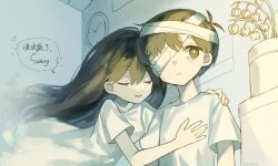  1boy 1girl \||/ antenna_hair arms_at_sides artist_name bandage_over_one_eye bandaged_head bandages bare_arms black_eyes black_hair bright_pupils brother_and_sister chinese_commentary chinese_text clock closed_eyes collarbone commentary_request dress english_text flower grin hair_between_eyes hand_on_another's_chest hand_on_another's_shoulder highres indoors lily_of_the_valley long_hair makucrp mari_(omori) mari_(spirit)_(omori) mixed-language_text official_alternate_costume omori parted_lips plant potted_plant shirt short_hair short_sleeves siblings smile speech_bubble spoilers sunlight sunny_(hospital_gown)_(omori) sunny_(omori) translation_request u_u wall_clock white_dress white_flower white_pupils white_shirt 