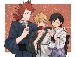  1girl 2boys aerial_fireworks arm_around_shoulder axel_(kingdom_hearts) black_hair blonde_hair blue_eyes blue_kimono border candy_apple closed_eyes commentary earrings eating fireworks fish_earrings food goldfish_scooping grin hair_ornament hairclip hand_fan highres holding holding_candy_apple holding_fan holding_food japanese_clothes jewelry kimono kingdom_hearts light_blush looking_at_another low_ponytail medium_hair multiple_boys obi parted_lips ponytail red_background red_hair roxas sash short_hair sideburns smile spiky_hair teeth twitter_username untranslatable_commentary white_border white_kimono wnwn_etc xion_(kingdom_hearts) 