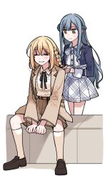  2girls bang_dream! bang_dream!_it's_mygo!!!!! belt black_ribbon black_shoes blonde_hair blue_hair blue_shirt blush braid braiding_another's_hair braiding_hair brown_belt brown_jacket brown_shorts cargo_shorts clipe commentary hairdressing highres jacket kneehighs long_hair long_sleeves medium_hair misumi_uika multiple_girls neck_ribbon open_mouth plaid_clothes plaid_skirt pleated_skirt ribbon shirt shoes shorts side_braid simple_background skirt socks togawa_sakiko white_background white_shirt white_skirt white_socks 