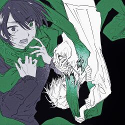  2boys adjusting_scarf black_background burning_clothes curtained_hair floating_scarf green_eyes green_scarf heterochromia highres holding holding_lighter lighter male_focus mamiya_yumehisa mole mole_under_eye multiple_boys open_mouth partially_colored sad scared scarf sekai_metsubou_kyouyuu_gensou_mamiya short_hair suou_keito sweatdrop sweater torn_clothes upside-down wand_lighter wide-eyed yzyzdh 