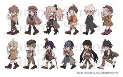  6+boys 6+girls ahoge akamatsu_kaede amami_rantaro bag bear_hair_ornament blonde_hair blue_eyes blue_hair braid brown_capelet brown_hair brown_hat brown_jacket cane capelet commentary_request copyright_notice danganronpa:_trigger_happy_havoc danganronpa_(series) danganronpa_2:_goodbye_despair danganronpa_v3:_killing_harmony deerstalker enoshima_junko green_eyes green_hair hair_ornament harukawa_maki hat hinata_hajime holding holding_cane holding_magnifying_glass holding_newspaper holding_notebook holding_pen holding_scroll jacket kirigiri_kyoko komaeda_nagito low_twintails magnifying_glass milkghost124 mini_hat mini_top_hat momota_kaito monocle multiple_boys multiple_girls musical_note musical_note_hair_ornament naegi_makoto nanami_chiaki neck_ribbon necktie newsboy_cap newspaper notebook official_art oma_kokichi one_eye_closed pants pen pink_hair plaid_clothes plaid_pants plaid_skirt purple_hair purple_necktie red_eyes red_ribbon red_scrunchie ribbon saihara_shuichi sample_watermark satchel scroll scrunchie simple_background single_braid skirt top_hat twintails violet_eyes watermark white_background white_hair writing yellow_eyes 