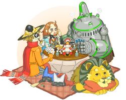  1girl 2boys animal black_dog black_eyes black_hat blonde_hair blue_dress brown_hair card cat_hood_(riz-zoawd) coat colored_skin commentary_request cowardly_lion creature cup cushion dog dorothy_gale dorothy_gale_(riz-zoawd) dress eating food fringe_trim fruit grey_pants hagoita hane_(hanetsuki) hat holding holding_food kagami_mochi kotatsu lion multiple_boys new_year nose_bubble official_art orange_(fruit) orange_coat orange_slice paddle pants playing_card red_scarf riz-zoawd rug sanbou scarecrow_(the_wizard_of_oz) scarf shide sitting smoking_pipe smoking_pipe_in_mouth steam striped_clothes striped_pants table the_wizard_of_oz tin_man_(the_wizard_of_oz) toto_(the_wizard_of_oz) under_kotatsu under_table urasato vertical-striped_clothes vertical-striped_pants white_background white_skin yunomi 