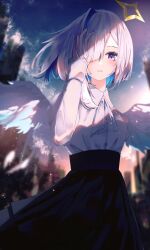  1girl alternate_costume amane_kanata angel_wings ascot asymmetrical_bangs asymmetrical_hair black_skirt blue_hair blue_wings blurry blurry_background bob_cut breasts collared_shirt colored_inner_hair commentary_request covering_one_eye cowboy_shot depth_of_field dress_shirt feathered_wings grey_hair hair_over_one_eye halo high-waist_skirt highres hololive light_particles long_skirt long_sleeves multicolored_hair outdoors pink_streaks shirt shirt_tucked_in short_hair single_hair_intake skirt small_breasts snow solo star_halo streaked_hair sui._(suikun) tilted_halo violet_eyes virtual_youtuber white_ascot white_shirt white_wings wings 