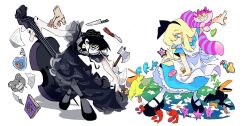  2girls ^_^ alice_(disney) alice_in_wonderland_(disney) ankle_ribbon apron axe bag bird black_bow black_dress black_eyes black_hair black_nails black_shoes blonde_hair blue_dress blue_eyes book bow braid braided_base bread bread_slice bug bun_with_braided_base butter cat cello cheshire_cat_(disney) closed_eyes colored_sclera commentary_request cookie crow curtsey dancing dragonfly dress english_text field fingernails fish flower flower_field folding_knife food food_in_mouth frilled_dress frilled_sleeves frills full_body goth_fashion green_sclera grey_dress grin hair_bow hair_bun hand_in_pocket highres holding holding_instrument instrument kitchen_knife knife leg_ribbon lion_wa_neteiru long_hair long_sidelocks looking_at_viewer looking_down mouth_hold multiple_girls pantyhose paper pelican pink_fur piranha plastic_bag pocket purple_fur ribbon severed_hand shoes short_sleeves shrimp sidelocks simple_background smile starfish stitched_ear stitched_face stitched_hand stitched_mouth stitches stuffed_animal stuffed_toy stuffing teddy_bear the_addams_family thing_(the_addams_family) two-tone_dress water wednesday_addams white_apron white_background white_pantyhose yellow_sclera 