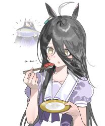  1girl absurdres ahoge animal animal_ears black_hair bluefin_tuna blush bow bowtie breasts chopsticks collarbone ear_tag earrings fish food hair_between_eyes highres holding holding_animal holding_chopsticks holding_fish holding_plate horse_ears horse_girl jewelry long_bangs long_hair long_hair_between_eyes manhattan_cafe_(umamusume) manhattan_cafe_holding_a_fish_(meme) meme multicolored_hair open_mouth plate puffy_short_sleeves puffy_sleeves purple_bow purple_bowtie purple_shirt sailor_collar sailor_shirt school_uniform shirt short_sleeves single_earring small_breasts sushi tracen_school_uniform tuna umamusume wazawai_(isotwen) white_hair white_sailor_collar yellow_eyes 