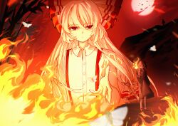  2girls absurdres bamboo bow chinese_commentary collared_shirt commentary_request dual_persona fire fujiwara_no_mokou fujiwara_no_mokou_(young) full_moon grey_hair grey_kimono hair_bow highres holding holding_torch japanese_clothes kimono long_hair long_sleeves moon multiple_girls red_eyes red_moon red_sky shirt short_hair sky suspenders torch torn_clothes torn_sleeves touhou white_shirt wide_sleeves xing_ning 