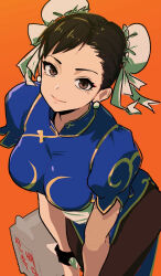  1girl black_hair blue_dress bracelet breasts brown_eyes brown_pantyhose bun_cover chinese_clothes chun-li closed_mouth commentary cowboy_shot double_bun dress earrings hair_bun highres jewelry lineni looking_at_viewer medium_breasts orange_background pantyhose pearl_earrings puffy_short_sleeves puffy_sleeves qipao sash short_sleeves smile solo spiked_bracelet spikes street_fighter street_fighter_ii_(series) white_sash 