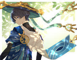  1boy absurdres animal_print armor arms_at_sides bird_print black_bridal_gauntlets black_hair blue_cape blue_hat blue_jingasa blunt_ends blurry blurry_background bodysuit border bridal_gauntlets cape closed_mouth commentary_request dappled_sunlight eyeliner from_behind furisode genshin_impact gold hair_intakes hat highres japanese_armor japanese_clothes jingasa kimono kote kurokote looking_at_viewer looking_back makeup male_focus median_furrow outdoors purple_pupils red_eyeliner saekiya_sabou scaramouche_(genshin_impact) short_sleeves shoulder_peek side_cape smile solo sunlight tassel tsurime turtleneck turtleneck_bodysuit twitter_username upper_body violet_eyes wanderer_(genshin_impact) white_border white_kimono white_sleeves white_trim wispy_bangs wolf_cut 